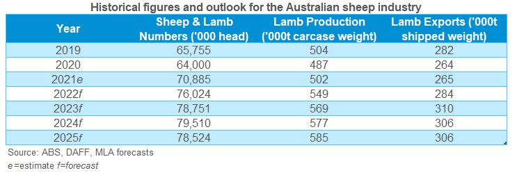 Table showing historical and forecasted Australian sheep production